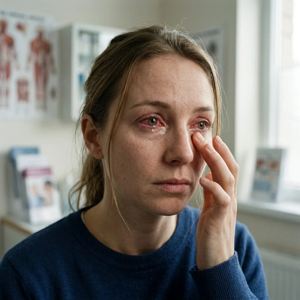 Patient with red, irritated eye consulting a doctor online