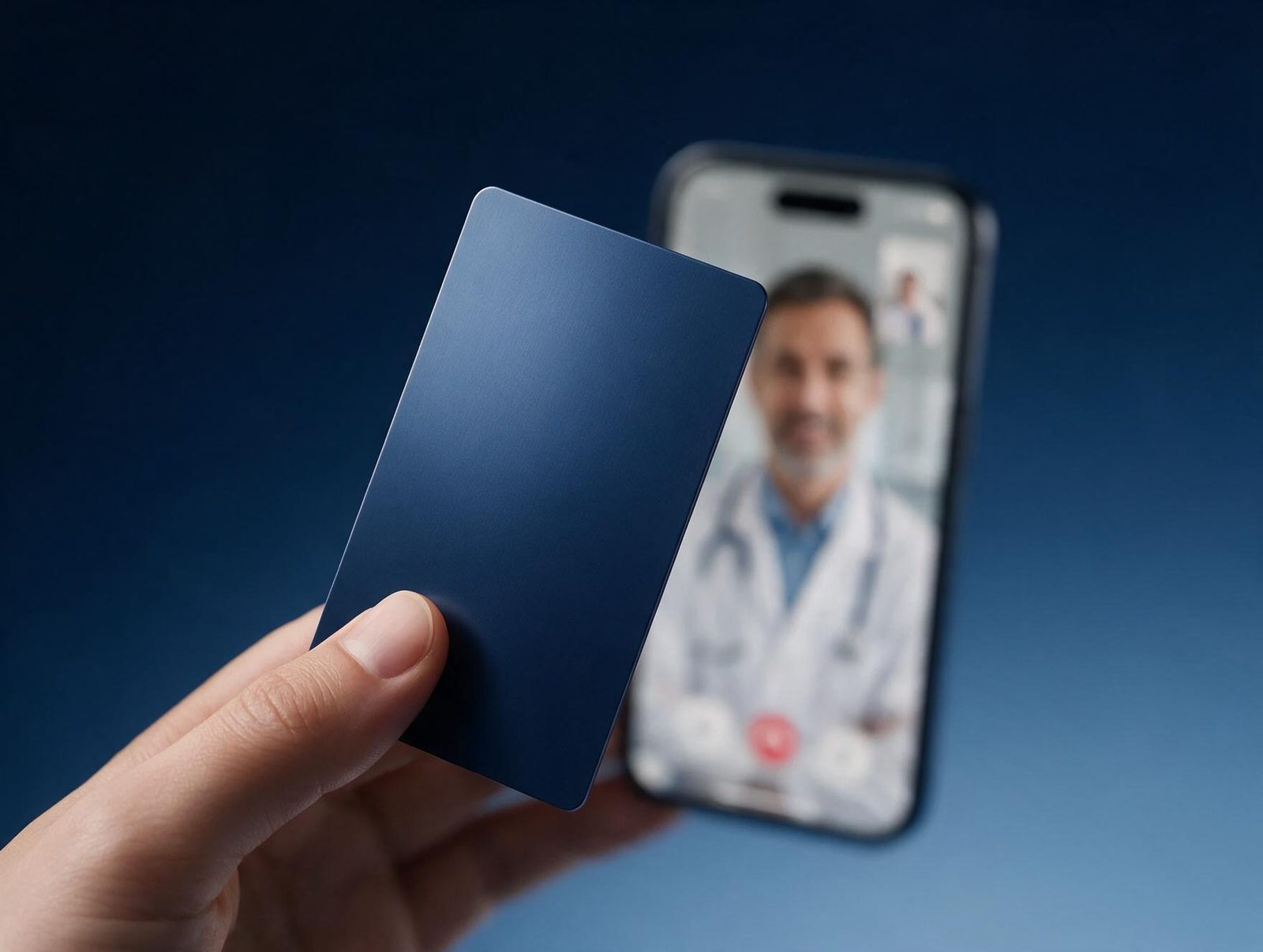 A HealthPass member holding their card with a licensed provider on a video visit